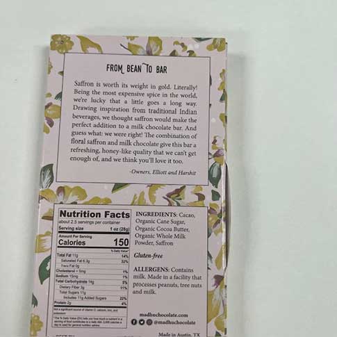Saffron Milk Chocolate 45% by Madhu Chocolate